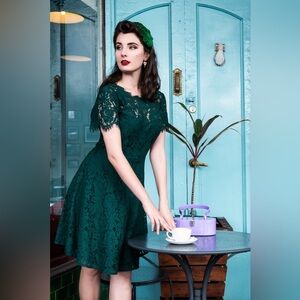 Miusol Hunter Dark Green 50s Retro Lace Fit Flare Dainty Style Dress XXL 12‎ 14